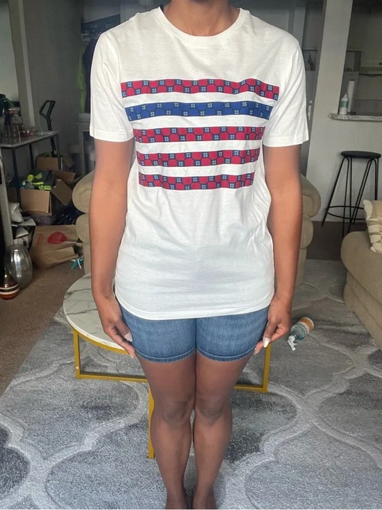 Aike White African Wax Print Stripe Graphic Tee | Size L - Picture 1 of 8